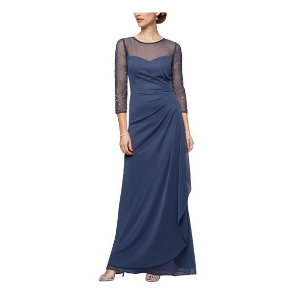 Alex Evenings Women's 8 Beaded Sleeve Cascade Illusion Dress Blue Formal Gown - Picture 1 of 10